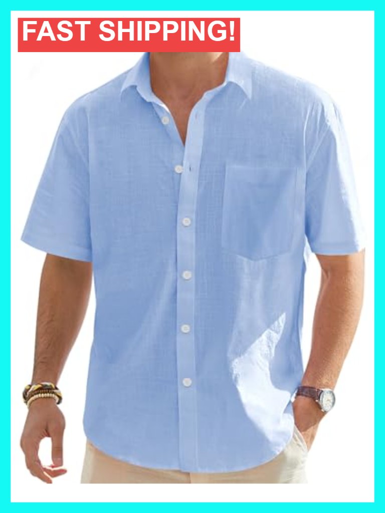 Men's Linen Shirt Short Sleeve Button Down Casual Summer With Pocket